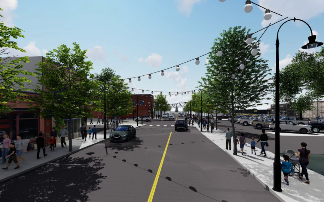 Conceptual rendering of 15th Street in Cheyenne, WY, with suggested enhancements as part of the 15th Street Experience.
