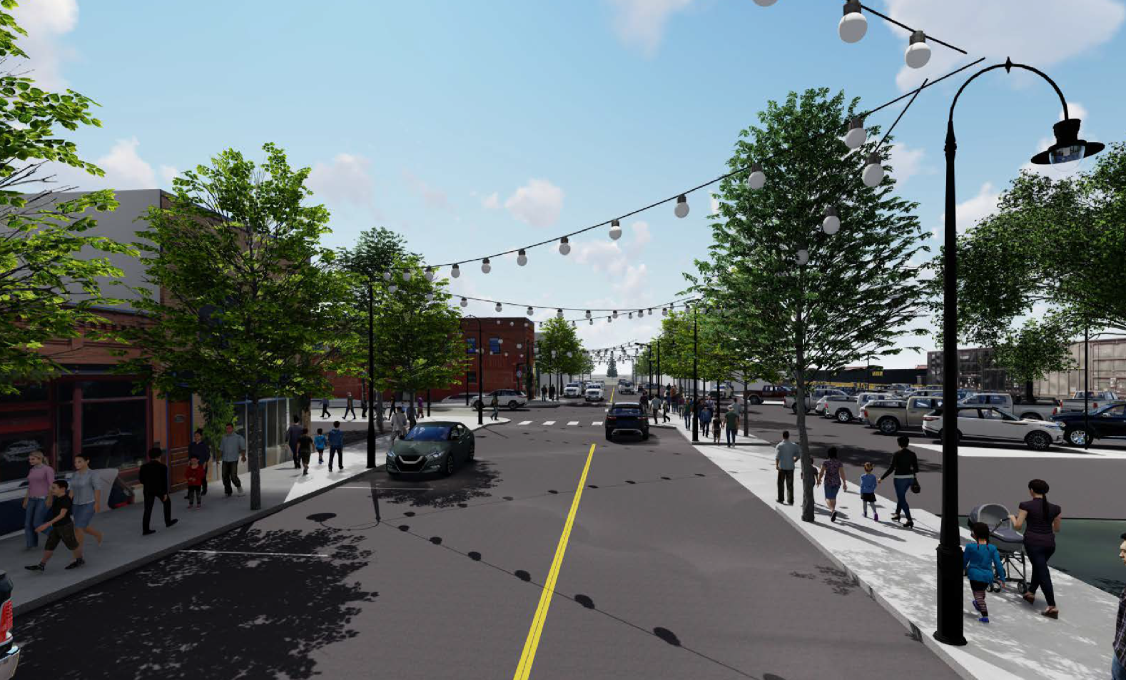 Conceptual rendering of 15th Street in Cheyenne, WY, with suggested enhancements as part of the 15th Street Experience.