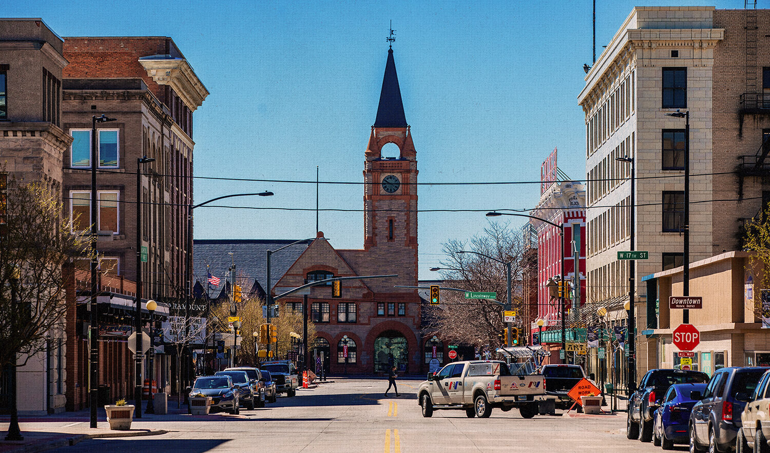 Close-up view of curved neon lights on The Lincoln in downtown Cheyenne