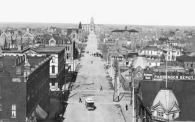 CAPITOL-AVE-LOOKING-NORTH A historic photo shows an aerial view of streets and buildings downtown.