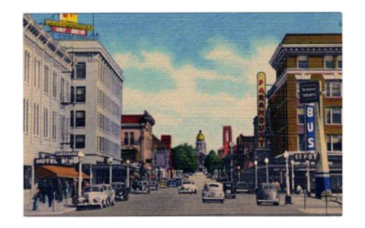 CAPITOL-NORTH-1940s A colorized photo of a 1940s downtown, showing vintage cars.