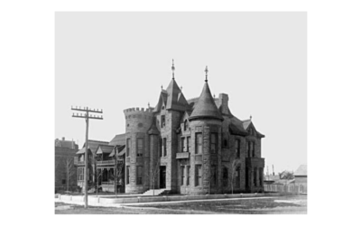 CASTLE-DARE-1922 A historic photo of Castle Dare, a brick structure with spires.