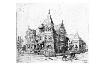 NAGLE-WARREN-MANSION-DRAWING A black-and-white drawing of an old-fashioned mansion, with a horse and carriage passing by out front.