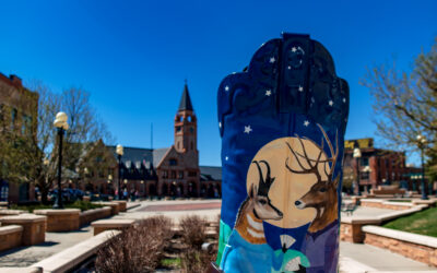 Boot at Depot Plaza A giant, painted boot art installation sits below an arch reading Cheyenne Depot Plaza.