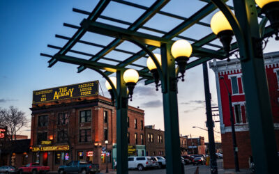 Albany from Depot Plaza A view of The Albany Restaurant and Bar, as seen from beneath a row of streetlights in the Depot Plaza.