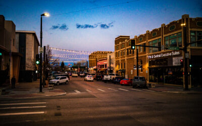 17th Street and Central A street view at the corner of 17th and Central, with string lights glowing overhead.
