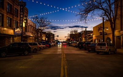 17th Street Lighting A street view of 17th Street in Downtown Cheyenne, showing string lights overhead.