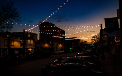 17th Street Lighting Strings of glowing lights cross-cross between light poles on 17th Street in Downtown Cheyenne
