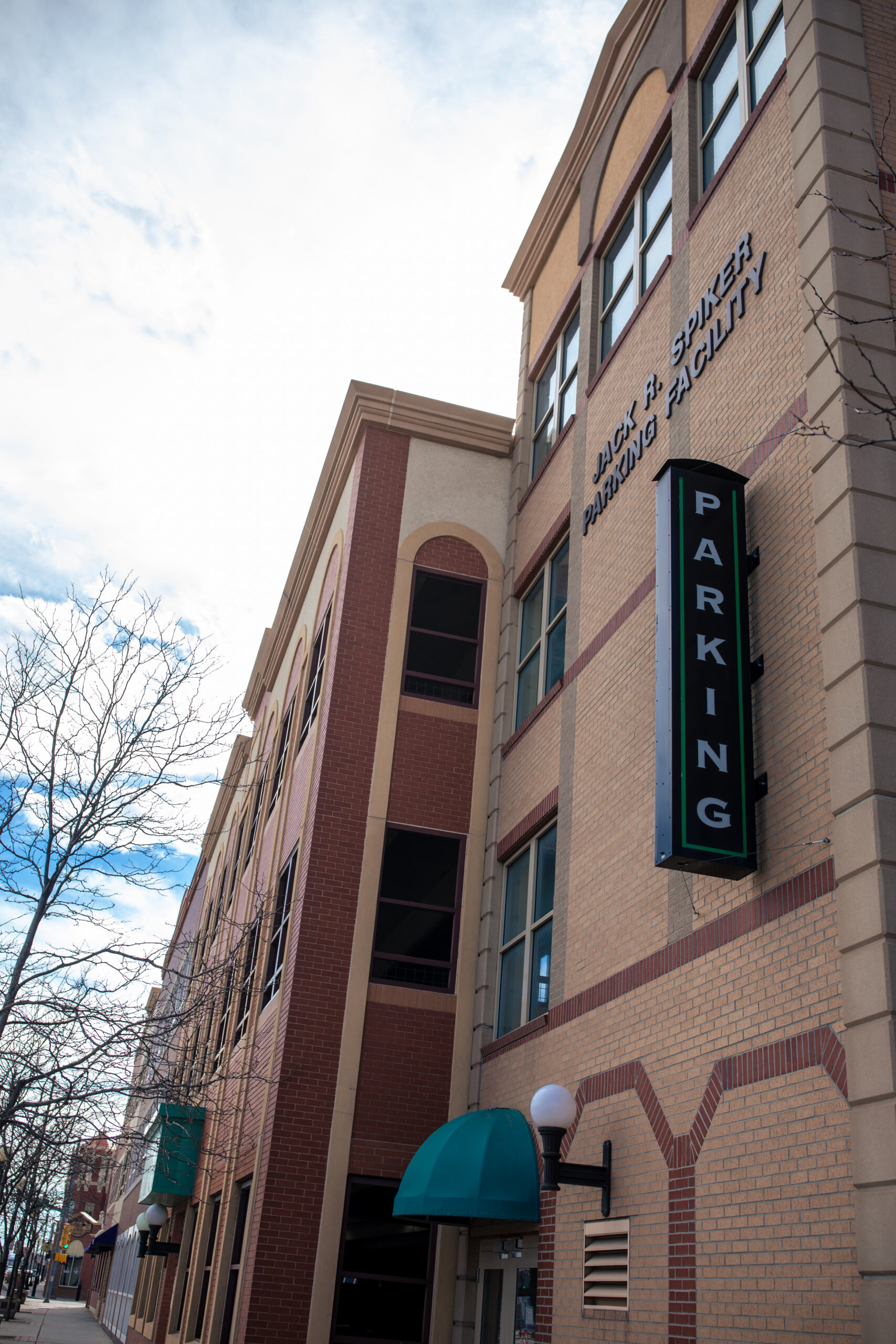 A street view of the Jack Spiker Parking Garage.