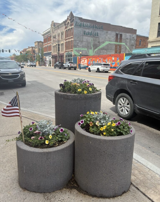 A trio of cement planters displays colorful yellow and purple flowers.