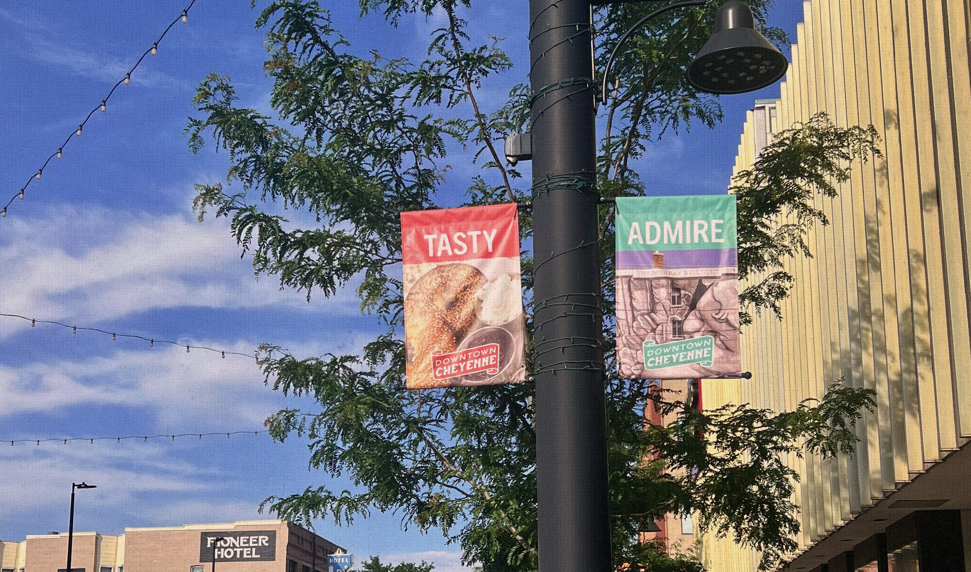 Decorative banners on light poles in downtown Cheyenne