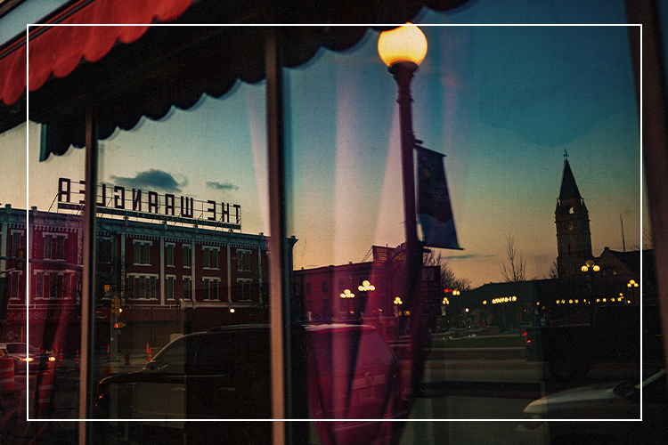 Downtown Cheyenne at dusk with string lights